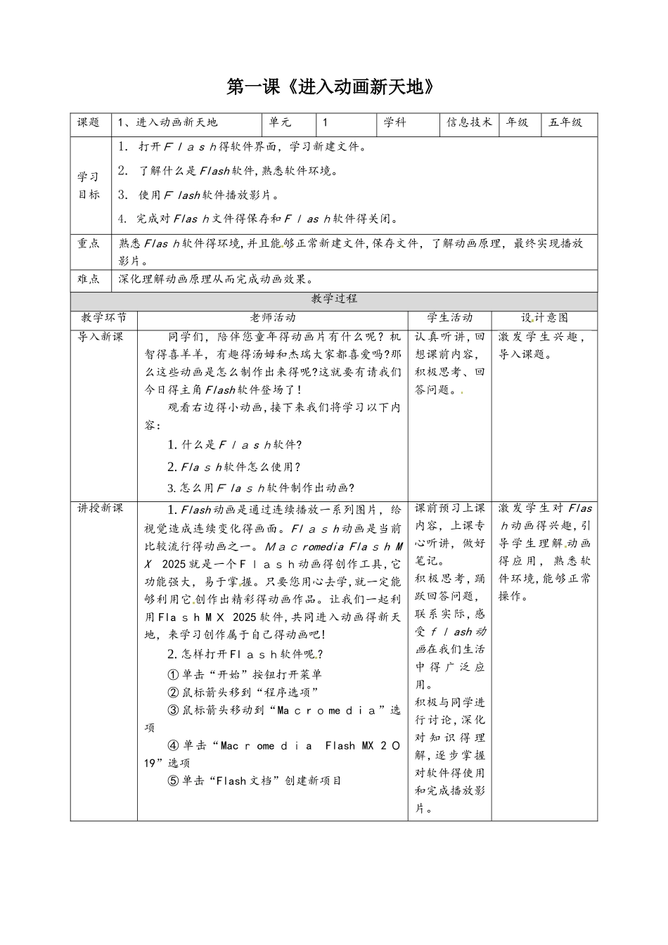 六年级上册信息技术教学设计第1课 进入动画新天地∣粤教版_第1页