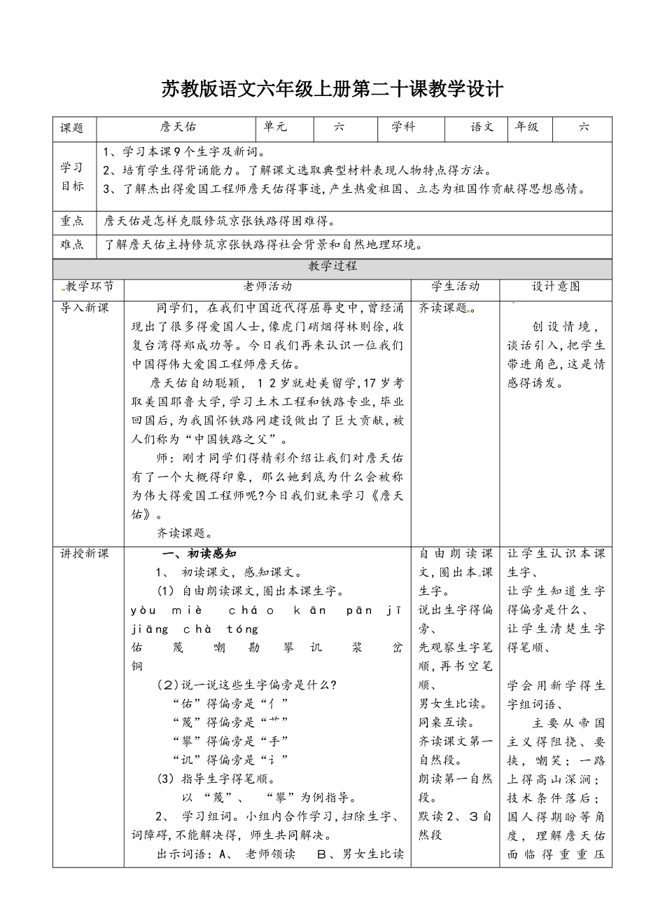 六年级上册语文教案詹天佑∣苏教版_第1页
