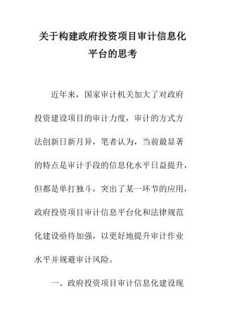 关于构建政府投资项目审计信息化平台的思考
