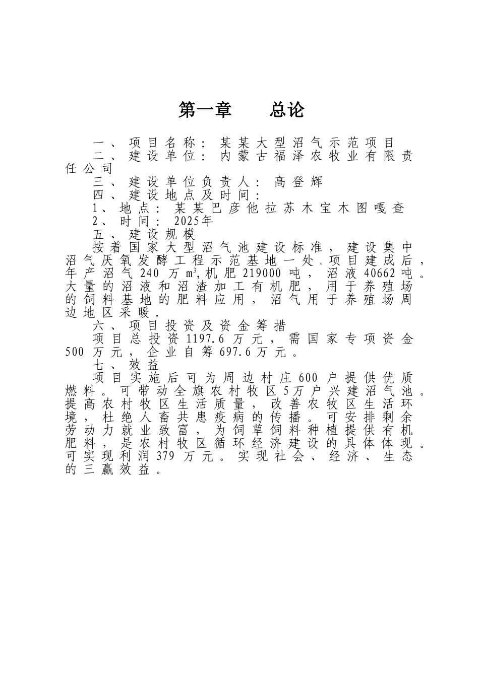 农村大型沼气示范建设项目可行性研究报告_第1页
