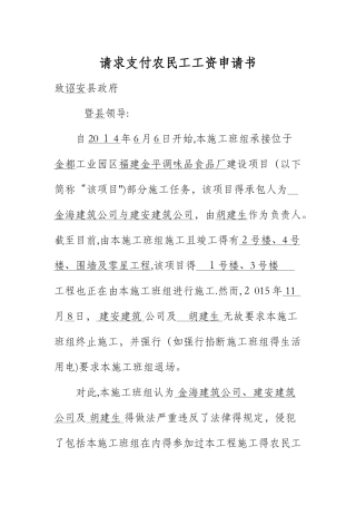 农民工工资支付申请书