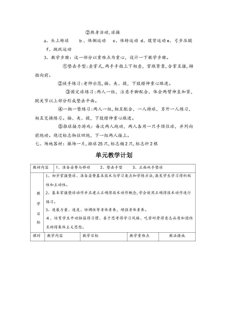 初一    人教  第五章  排球单元  教学设计  单元计划  双手垫球_第3页