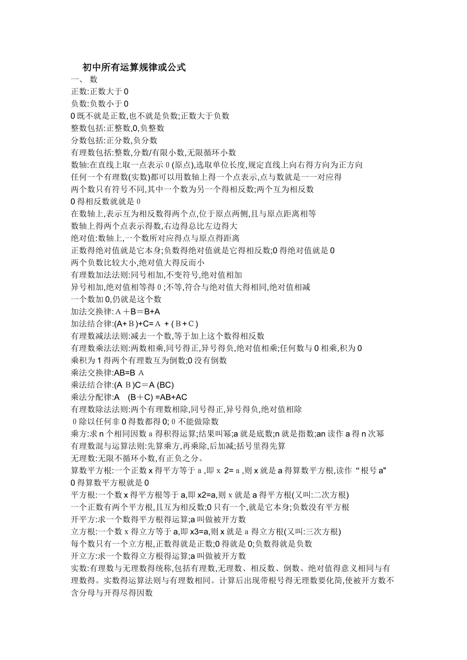 初中所有运算规律或公式_第1页