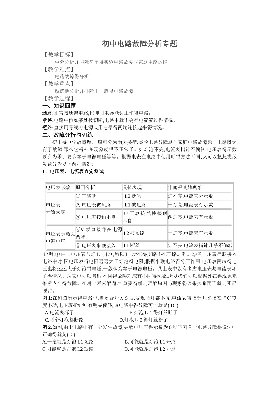 初中电路故障分析专题_第1页