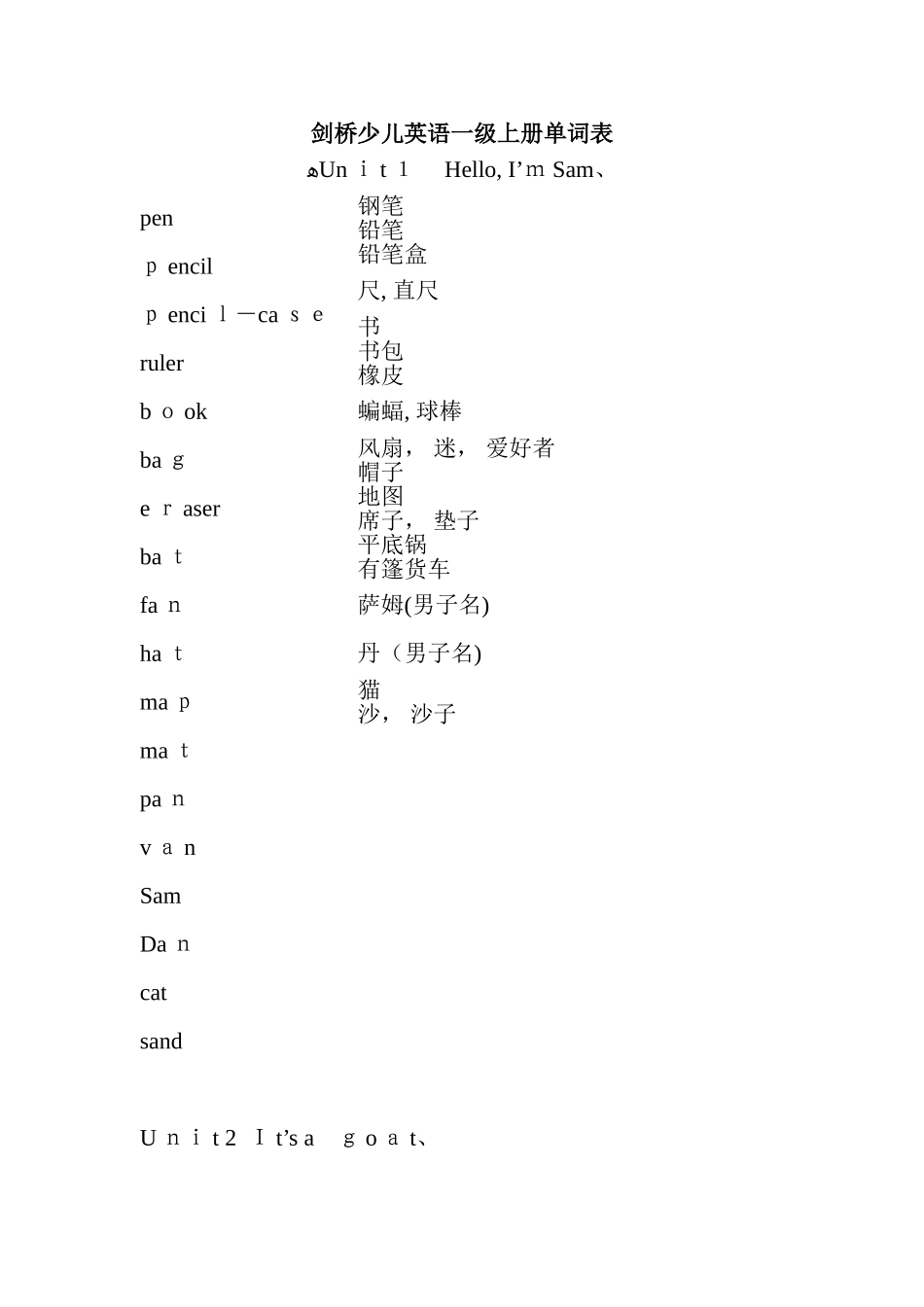 剑桥少儿英语一级上册单词表_第1页