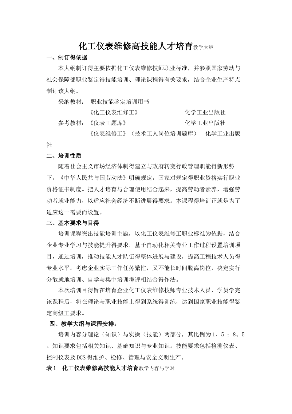 化工仪表维修工培训教学大纲、计划_第1页