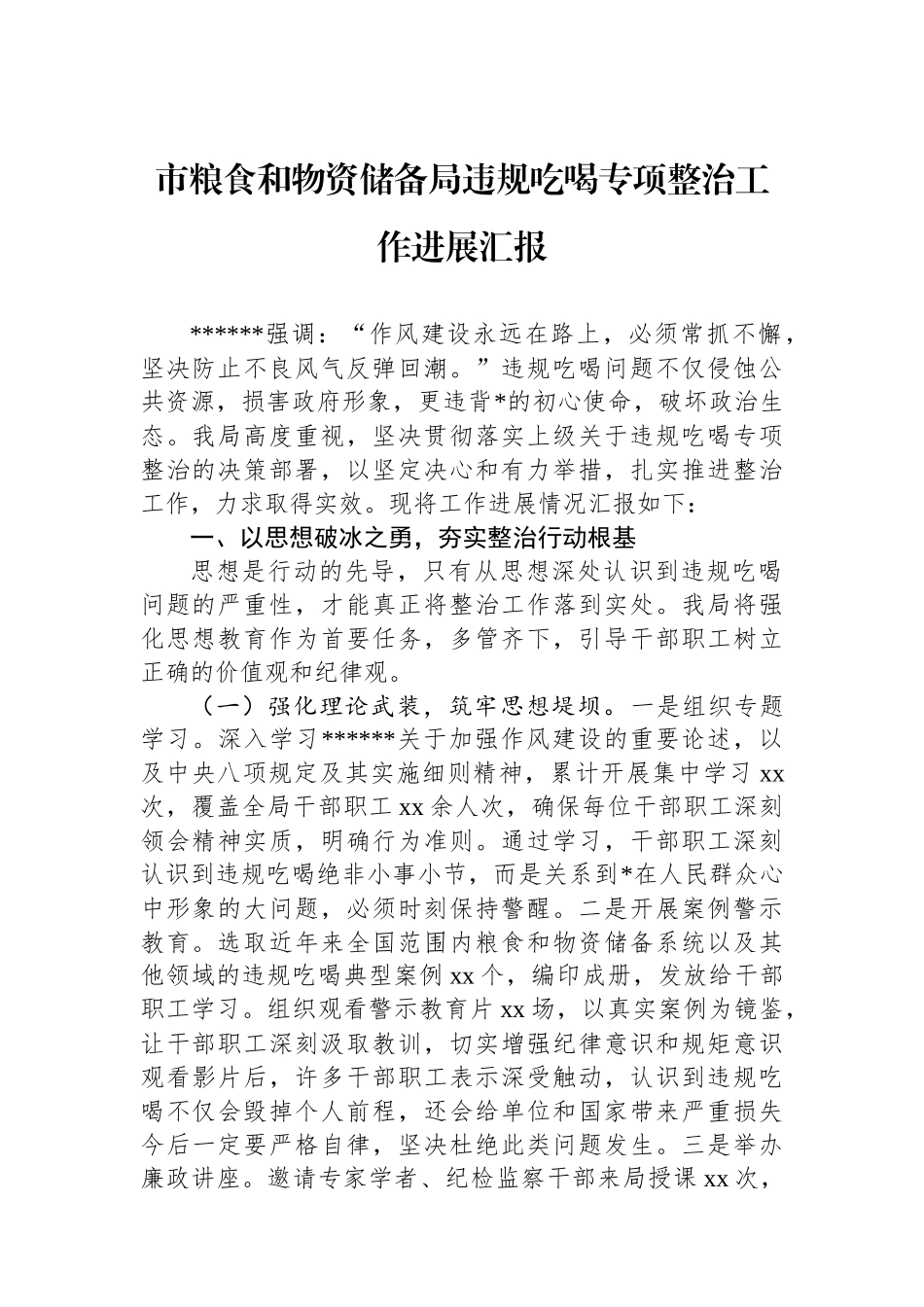 市粮食和物资储备局违规吃喝专项整治工作进展汇报_第1页