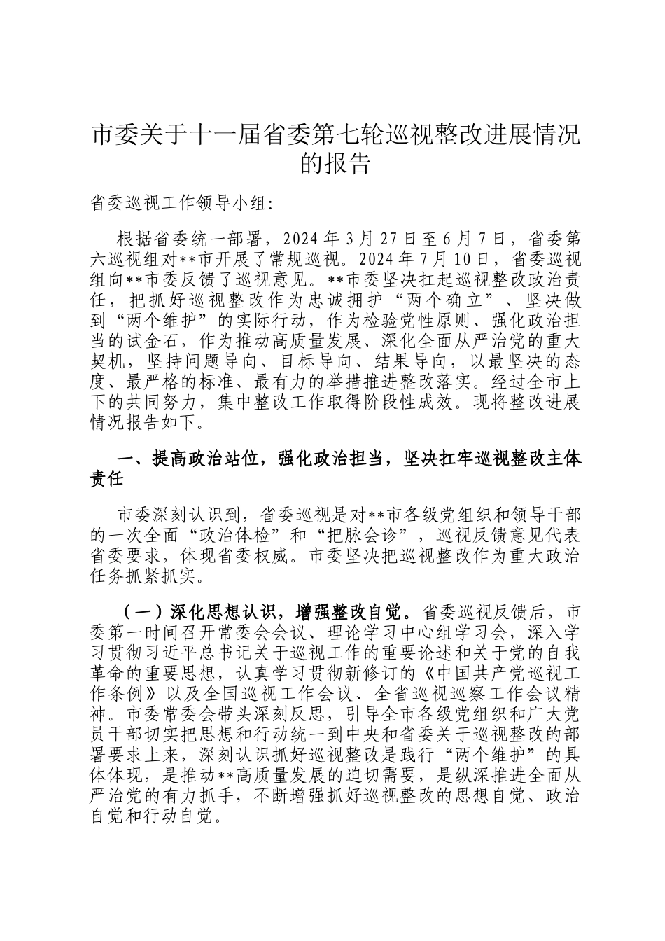 市委关于十一届省委第七轮巡视整改进展情况的报告_第1页