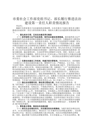 市委社会工作部党组书记、部长履行推进法治建设第一责任人职责情况报告