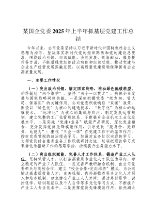某国企党委2025年上半年抓基层党建工作总结