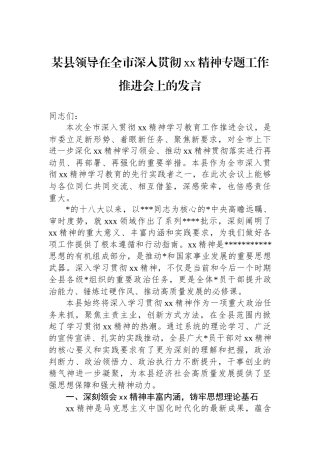 某县领导在全市深入贯彻XX精神专题工作推进会上的发言