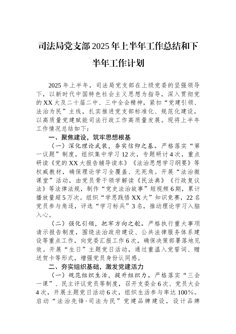 司法局党支部2025年上半年工作总结和下半年工作计划_第1页