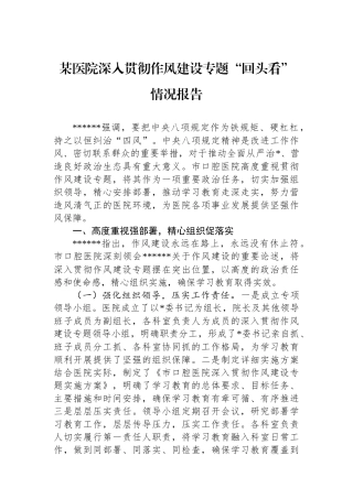 某医院深入贯彻作风建设专题“回头看”情况报告