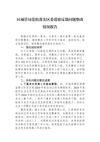 区城管局党组落实区委巡察反馈问题整改情况报告