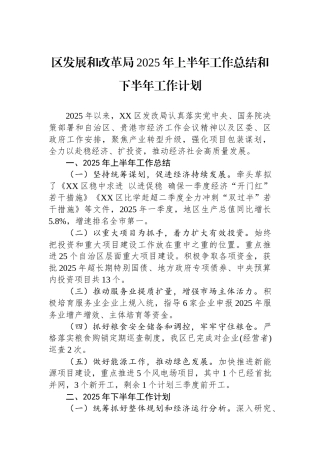 区发展和改革局2025年上半年工作总结和下半年工作计划