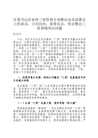 区委书记在农村三资管理专项整治动员部署会上的讲话：刀刃向内，重拳出击，坚决整治三资领域突出问题