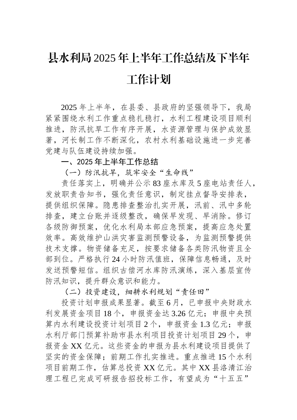 县水利局2025年上半年工作总结及下半年工作计划_第1页