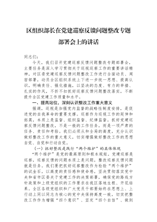 区组织部长在党建巡察反馈问题整改专题部署会上的讲话