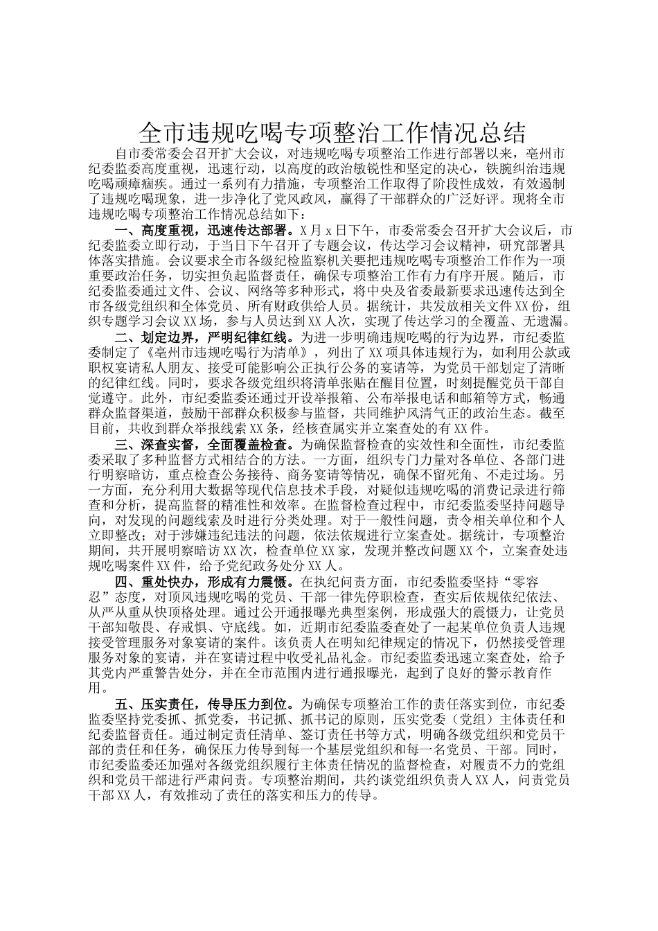 全市违规吃喝专项整治工作情况总结_第1页