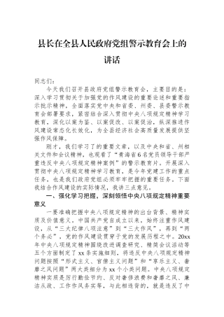 县长在全县人民政府党组警示教育会上的讲话