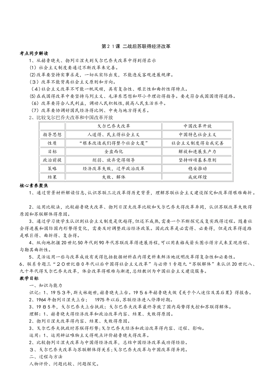 历史必修Ⅱ人教新课标第21课二战后苏联的经济改革教案_第1页