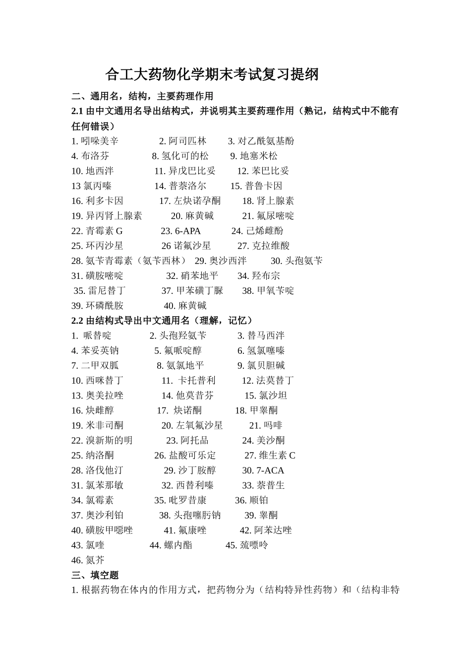 合工大药物化学期末考试复习提纲_第1页