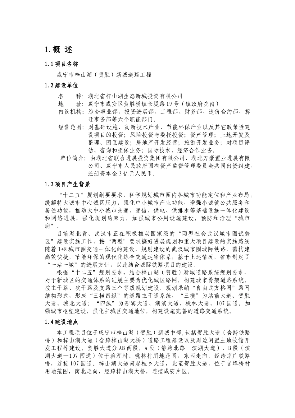 咸宁市梓山湖新城道路工程可行性研究报告_第1页