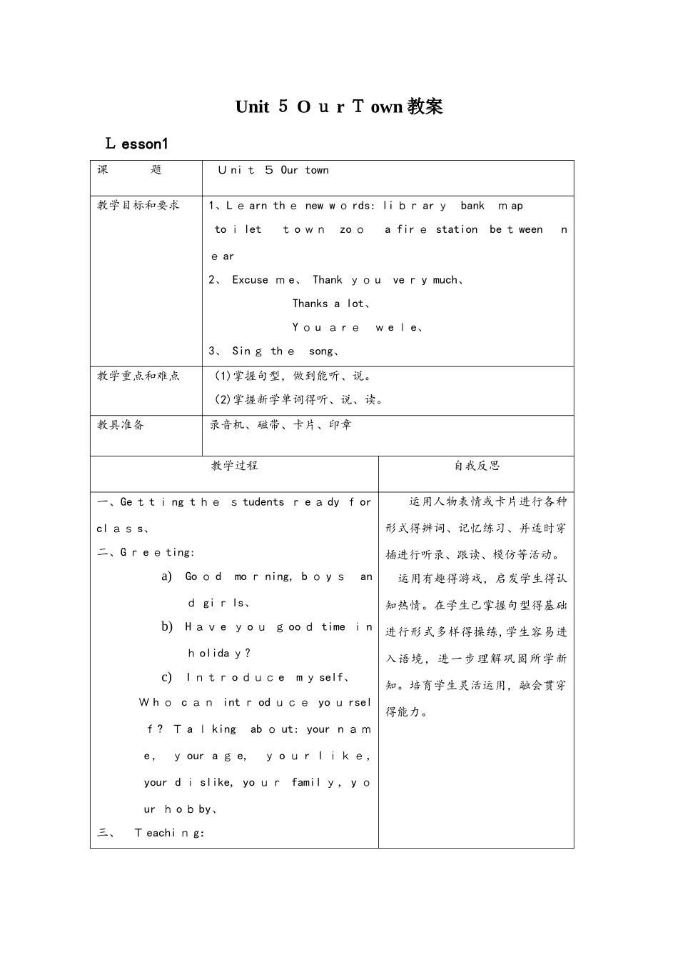 四年级上册英语教案Unit 5 Our Town 6课时  北师大版_第1页