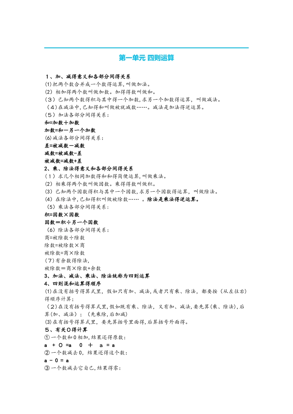四年级下册数学素材全册知识点预习 人教新课标_第1页