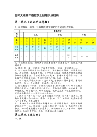 四年级数学上册知识点归纳  北师大版