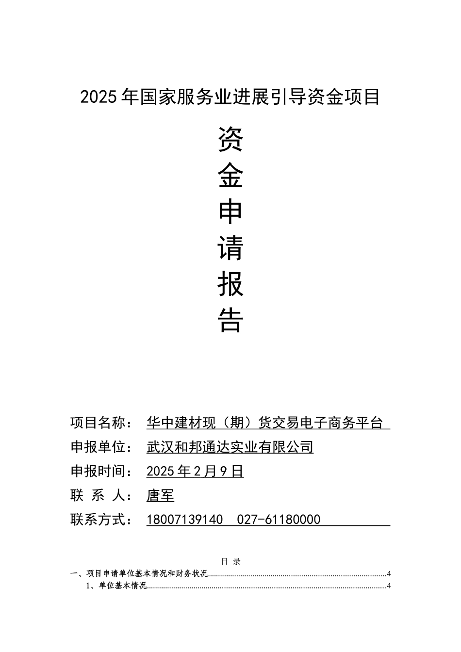 国家引导资金项目-华中建材现货交易电子商务平台项目资金申请报告_第1页