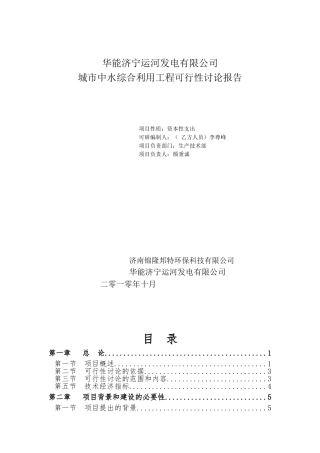 城市中水综合用工程建设可行性研究报告