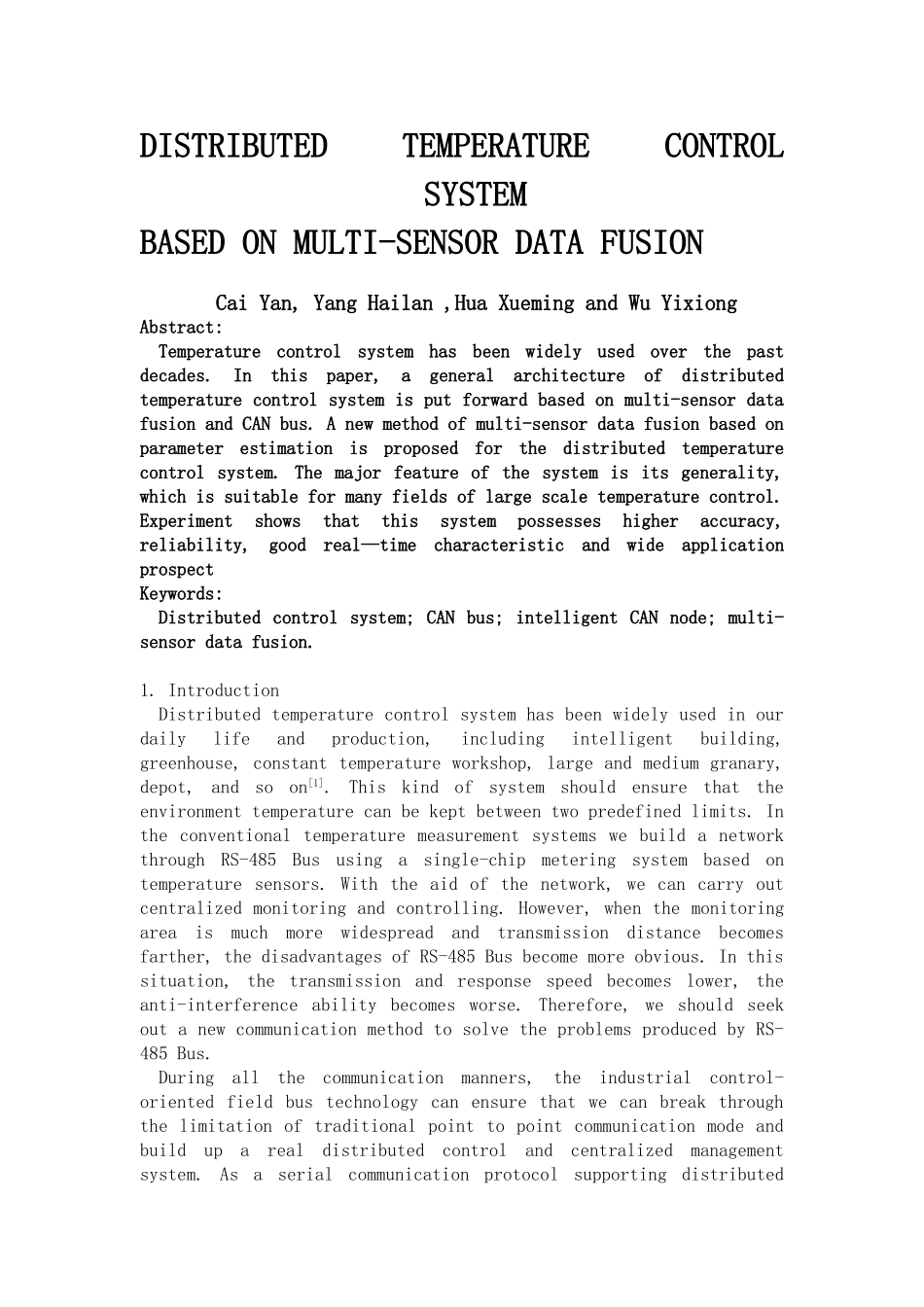 基于多数据融合传感器的分布式温度控制系统中英文对照本科论文_第1页