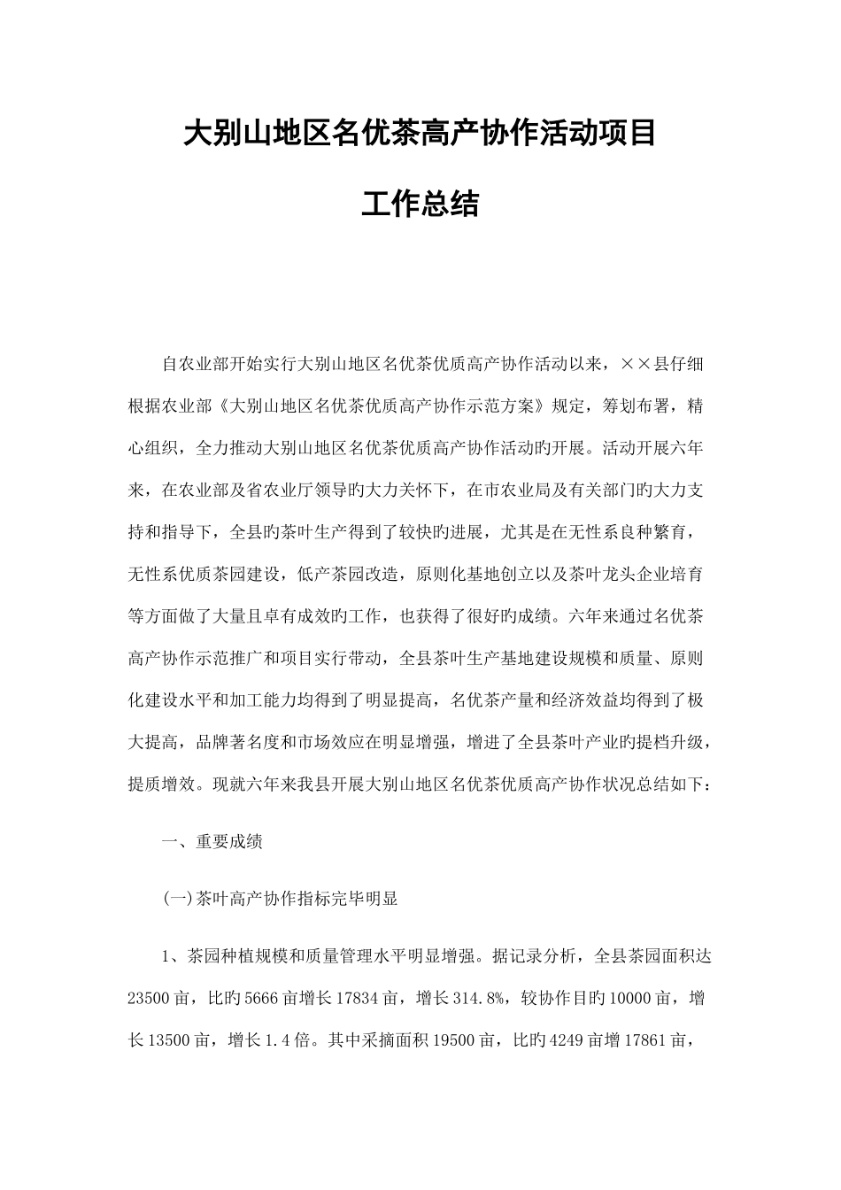 大别山地区名优茶高产协作活动项目工作总结_第1页