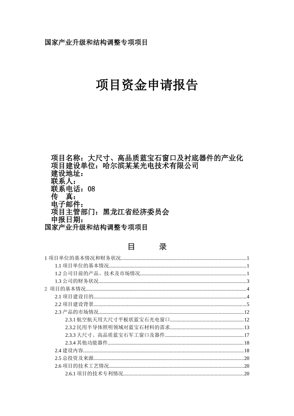 大尺寸、高品质蓝宝石窗口及衬底器件的产业化建设项目资金申请报告_第1页