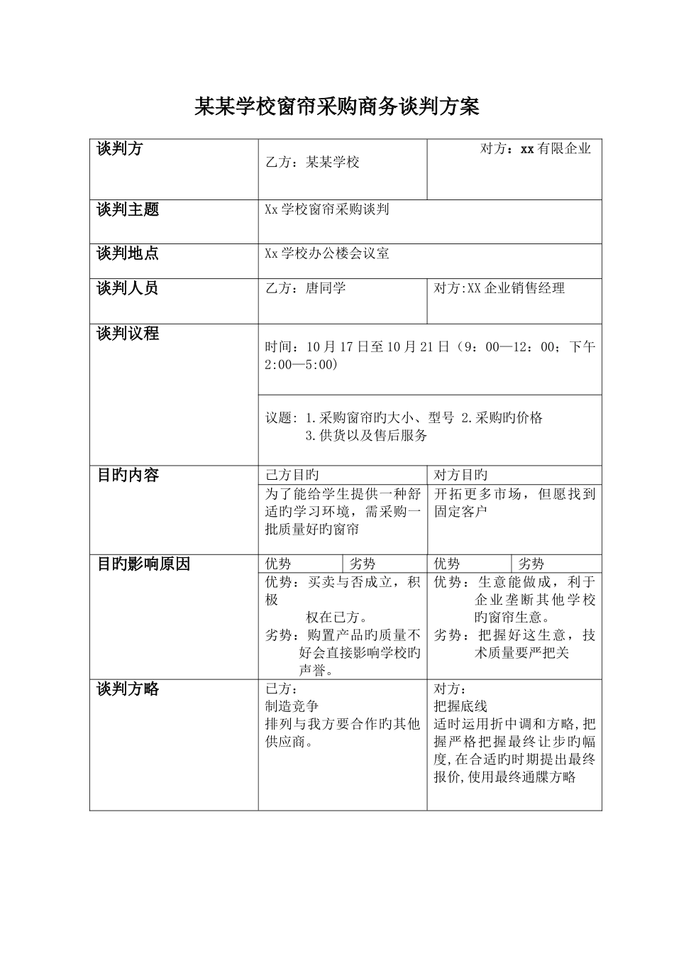 学校窗帘采购商务谈判方案_第1页