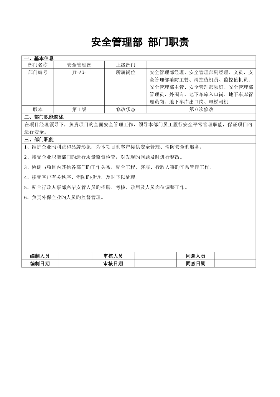 安全管理部部部门职责及岗位说明书_第1页