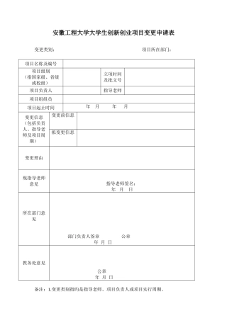 安徽工程大学大学生创新创业项目变更申请表