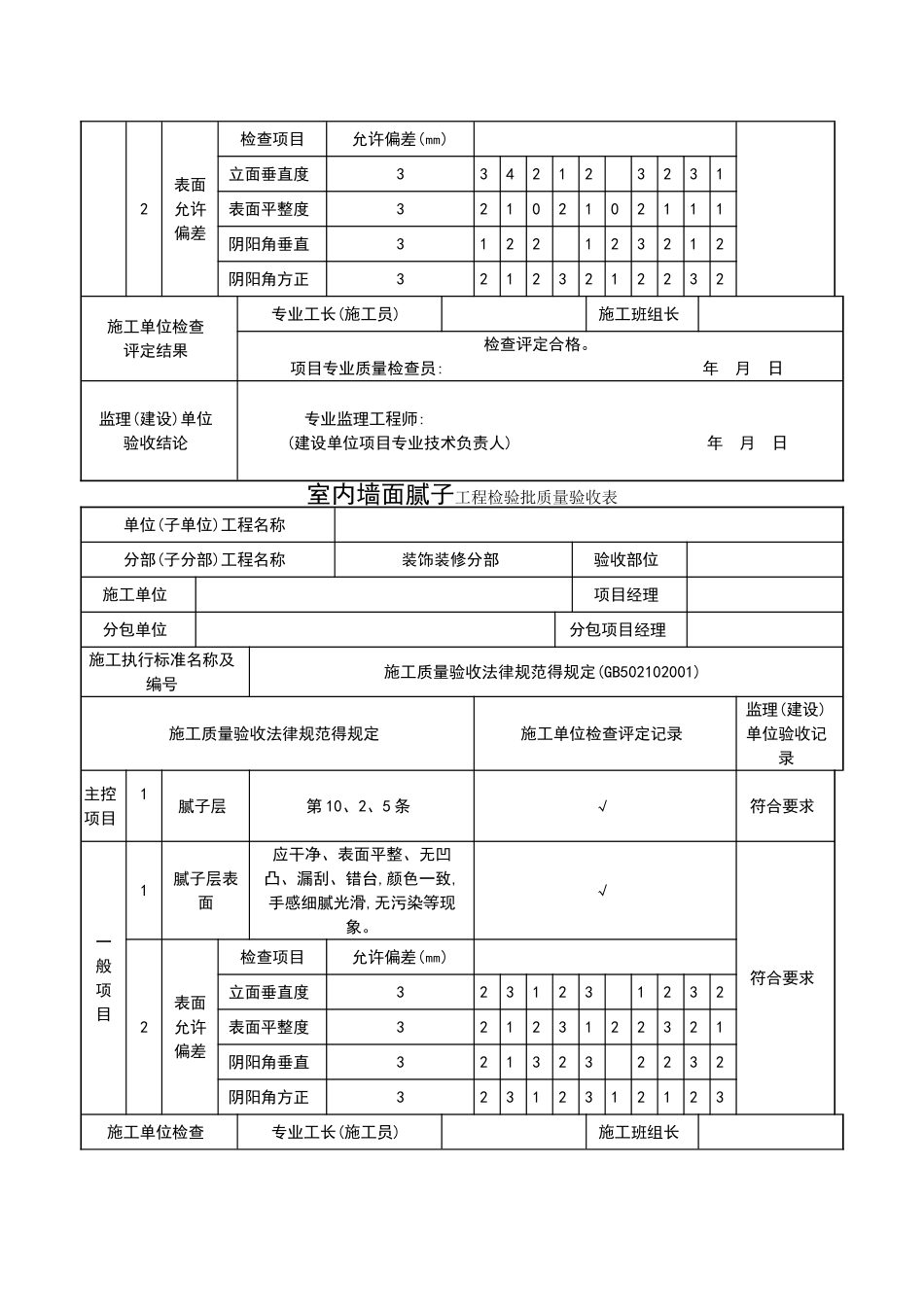 室内墙面腻子工程检验批质量验收表_第3页