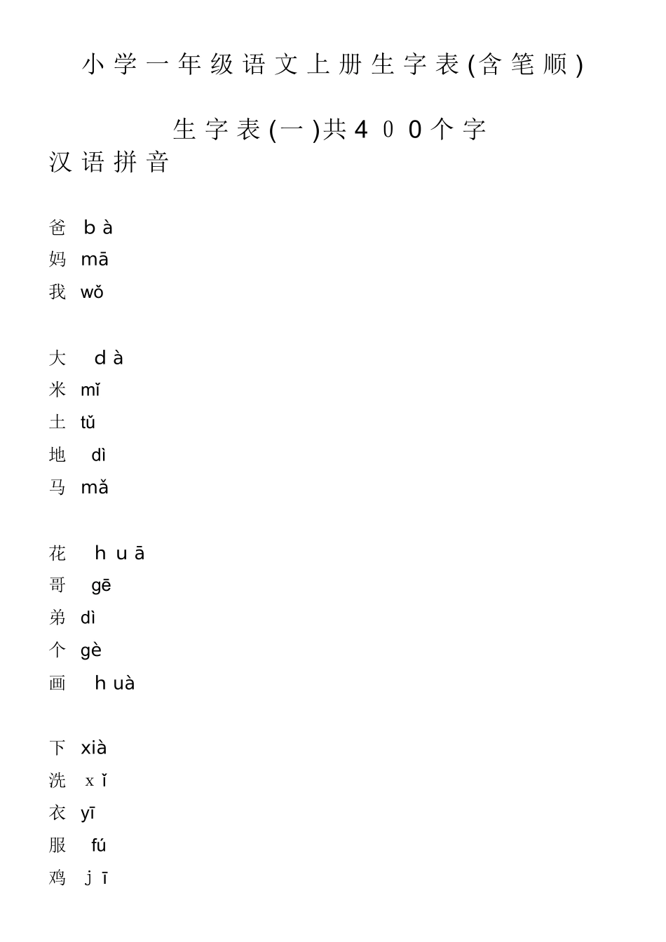 小学一年级语文上册生字表笔顺表-word电子打印版_第1页