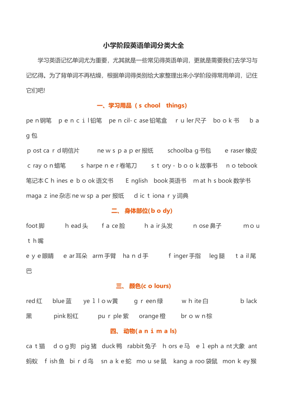 小学阶段英语单词分类大全_第1页