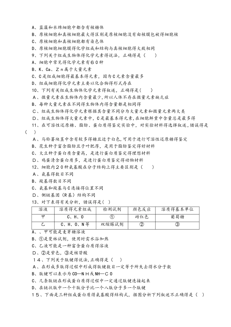 山东省北镇中学届高一第一学期期中考试生物试卷ord版缺答案_第2页