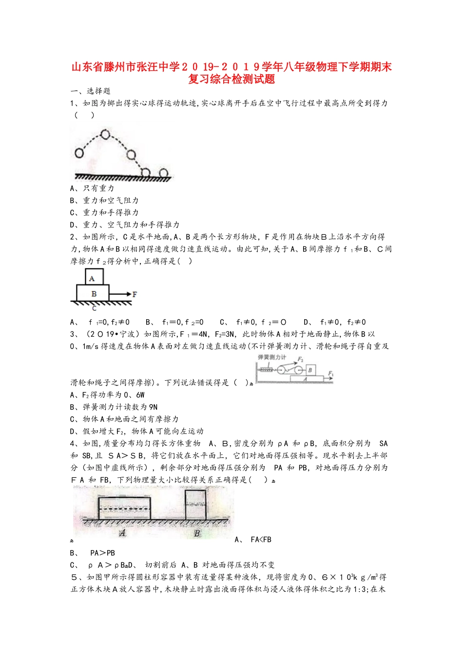 山东省滕州市张汪中学学年八年级物理下学期期末复习综合检测试题_第1页