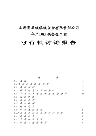 山西蒲县镁旗镁合金厂可行性研究报告
