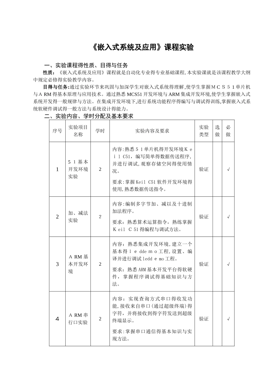 嵌入式系统及应用 实验内容及要求_第1页