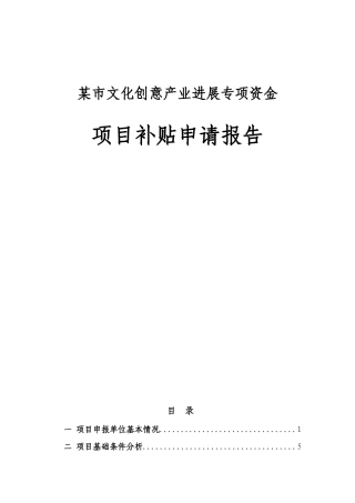 市文化创意产业发展专项资金建设项目补贴申请报告