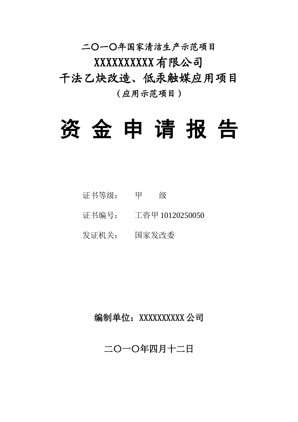 干法乙炔改造、低汞触媒应用项目资金申请报告_第1页