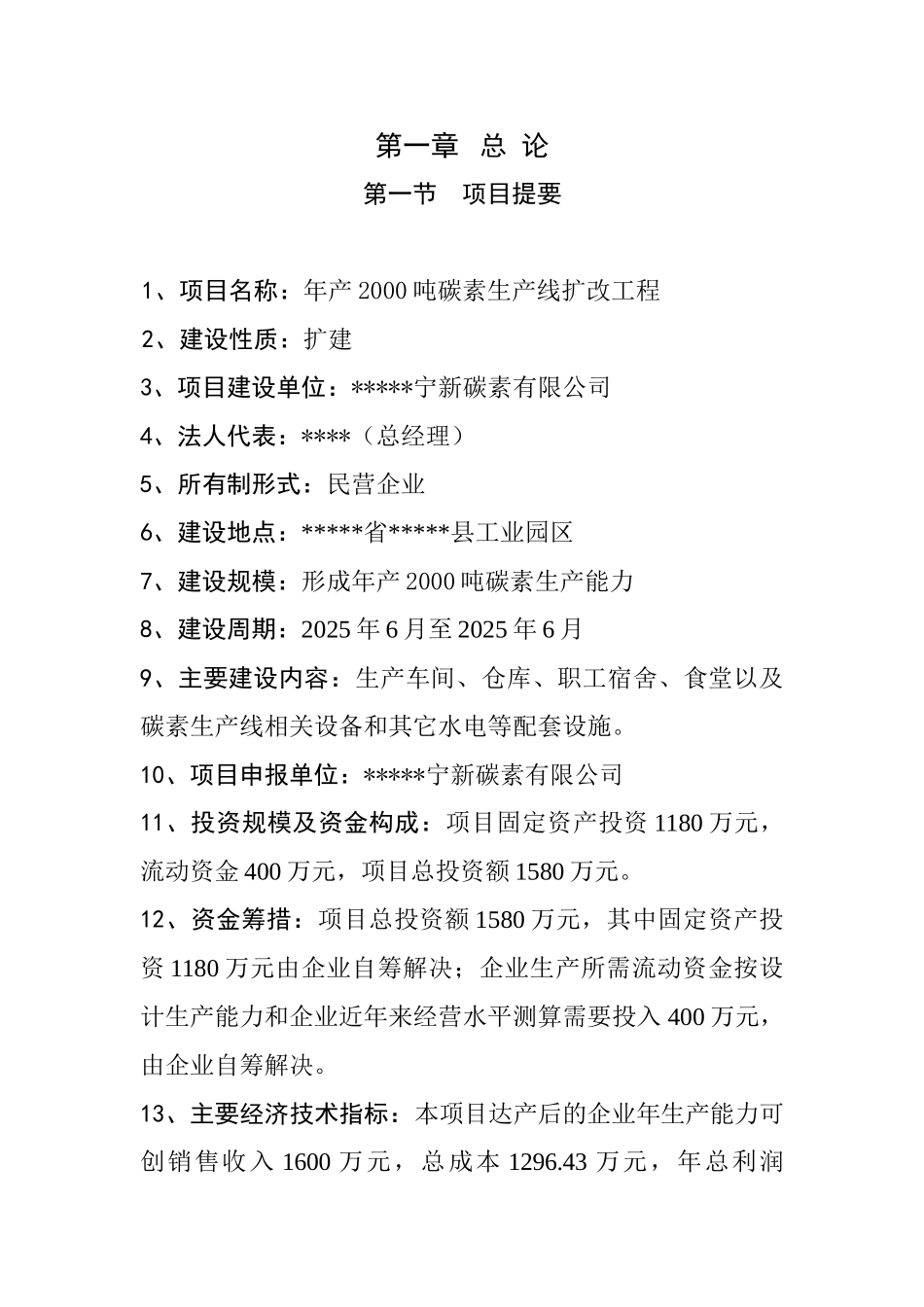 年产两千吨碳素生产线技术改造项目可行性研究报告书_第1页