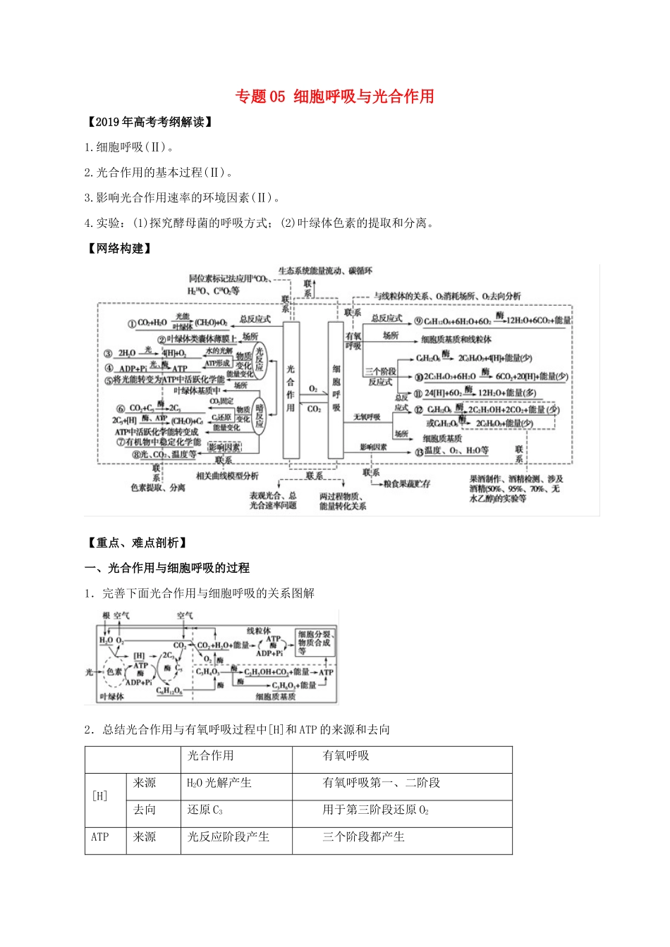 高考生物 考纲解读与热点难点突破 专题05 细胞呼吸与光合作用教学案-人教版高三全册生物教学案_第1页