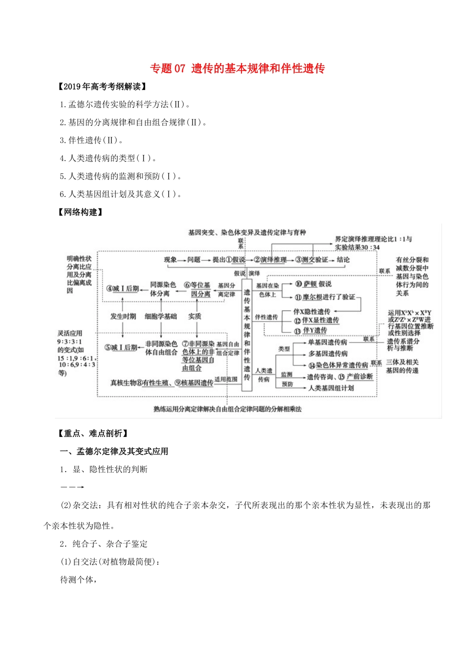 高考生物 考纲解读与热点难点突破 专题07 遗传的基本规律和伴性遗传教学案-人教版高三全册生物教学案_第1页